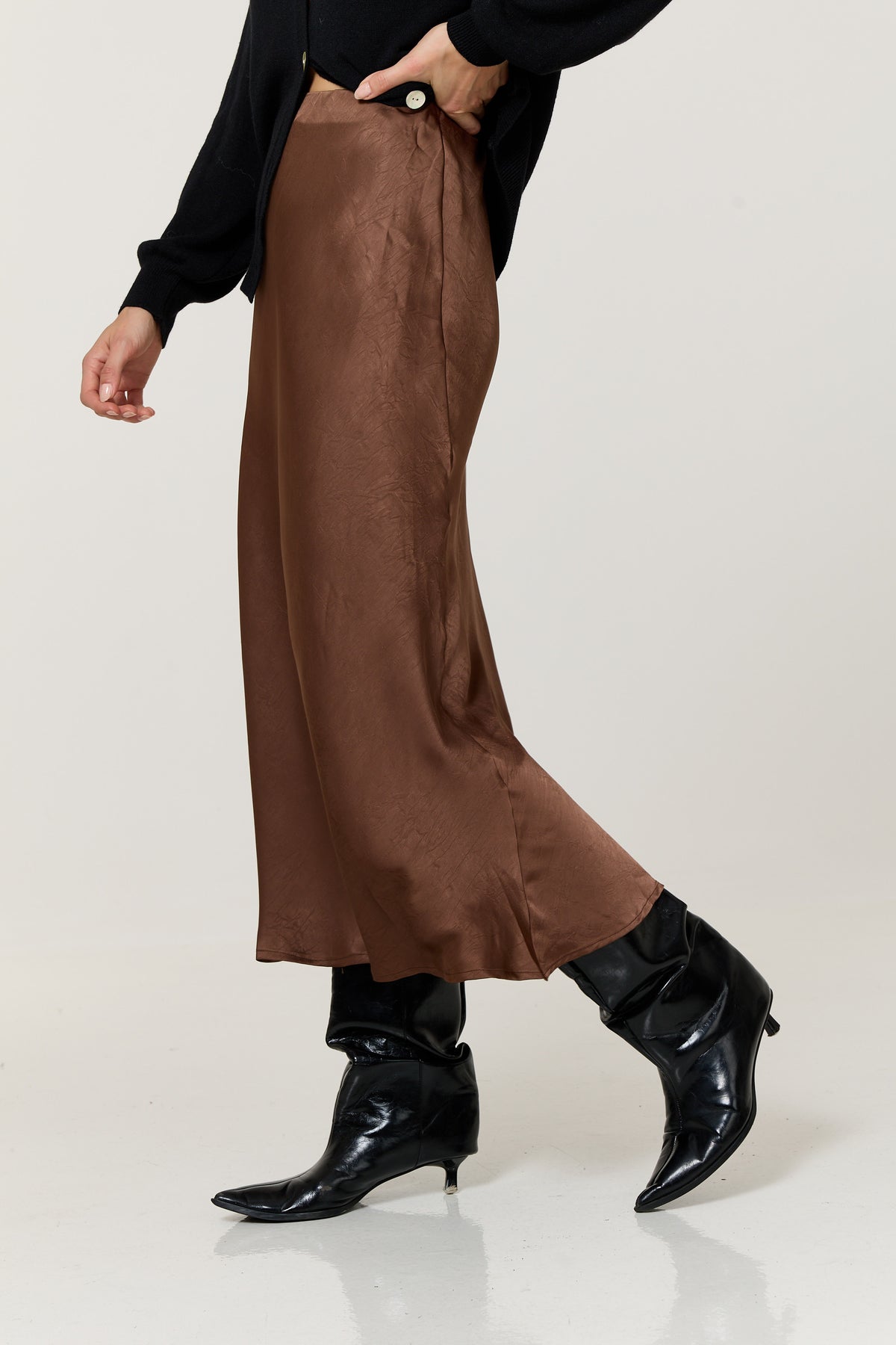 
                  
                    Chocolate Brown Crinkle Satin Maxi Skirt
                  
                