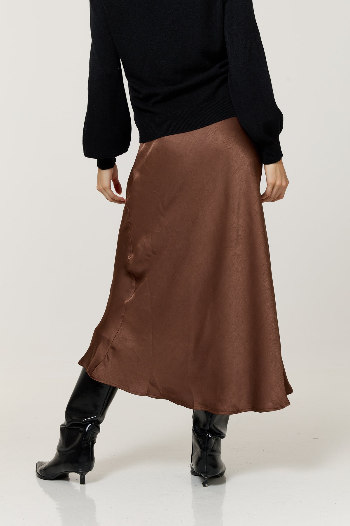 
                  
                    Chocolate Brown Crinkle Satin Maxi Skirt
                  
                