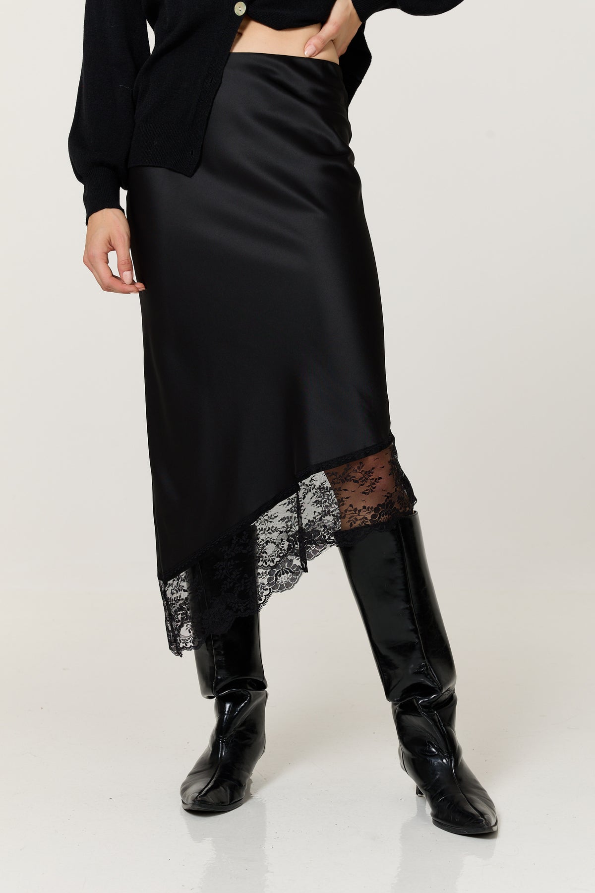 
                  
                    Black Satin Lace Trim Asymmetric Midi Skirt
                  
                