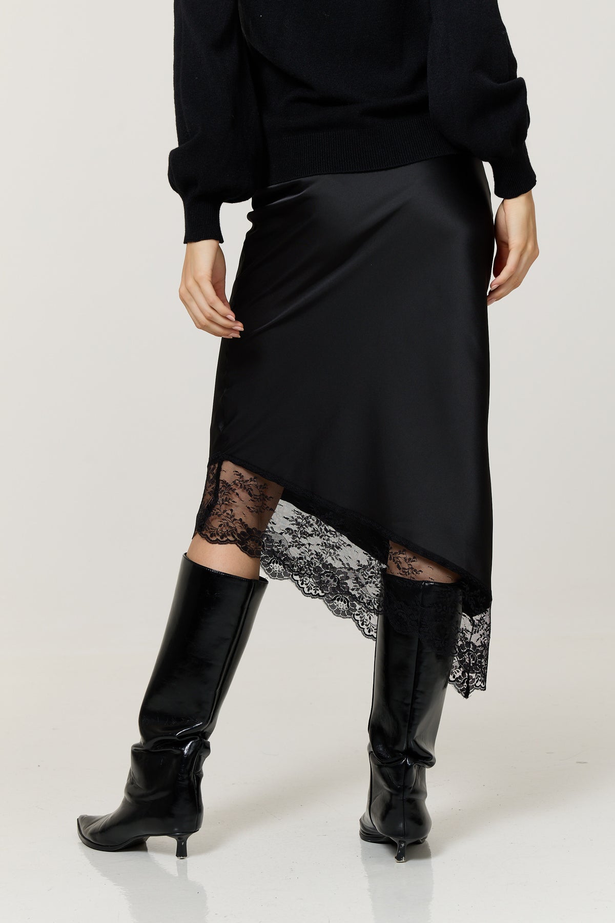 
                  
                    Black Satin Lace Trim Asymmetric Midi Skirt
                  
                