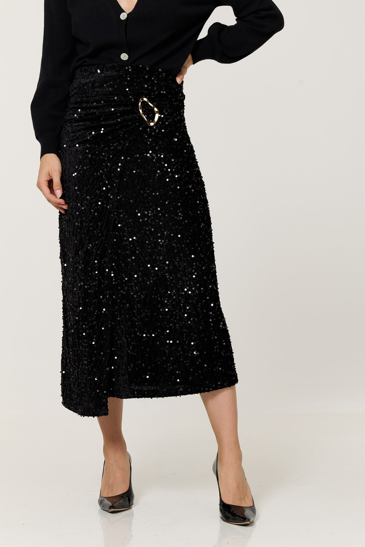 
                  
                    Black Sequin Buckle Midi Skirt
                  
                