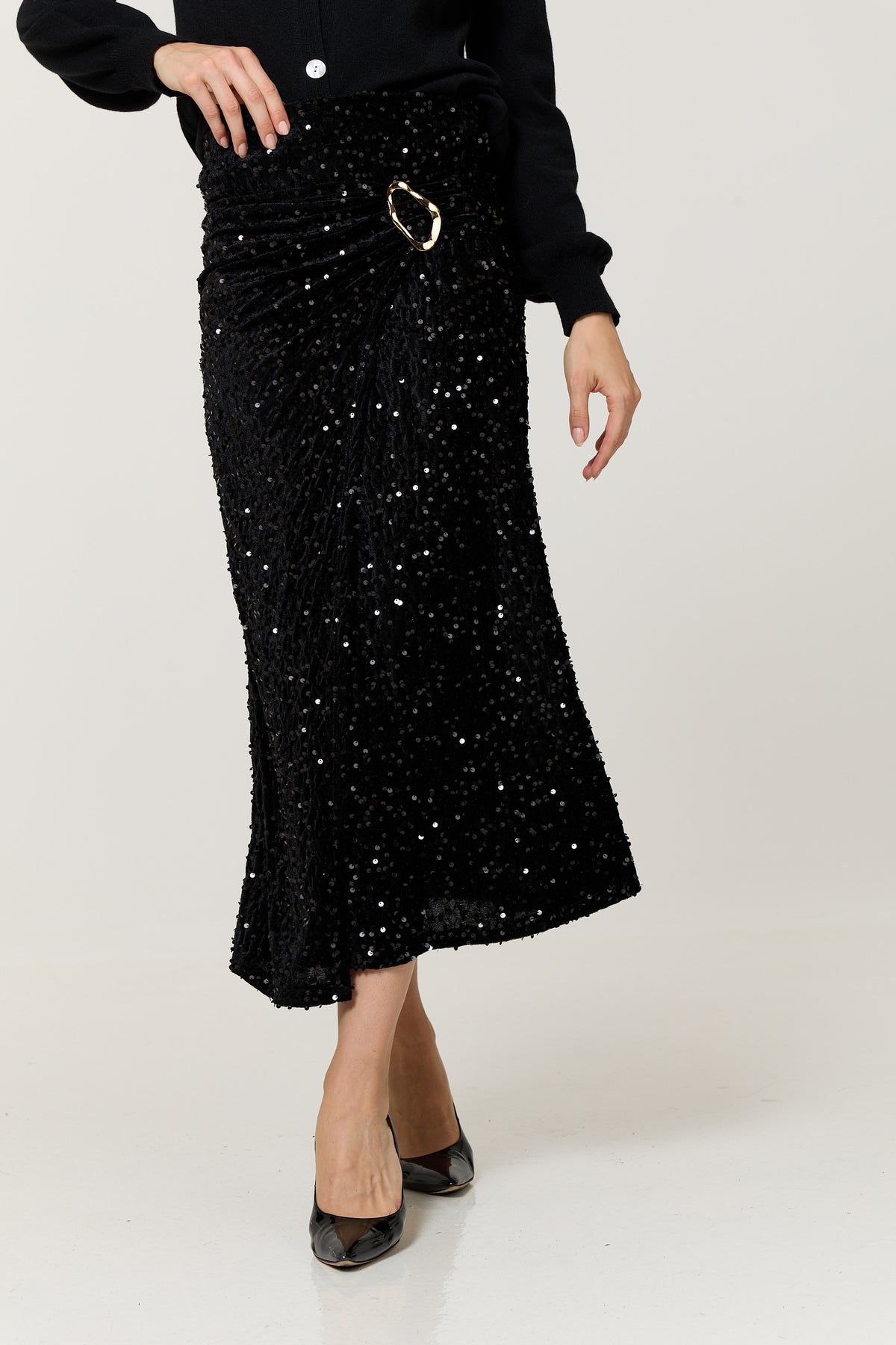 
                  
                    Black Sequin Buckle Midi Skirt
                  
                