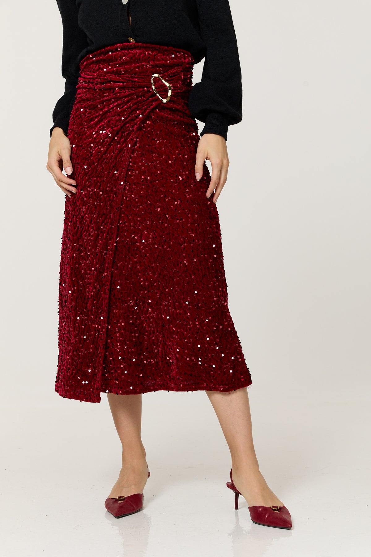 
                  
                    Red Sequin Buckle Midi Skirt
                  
                