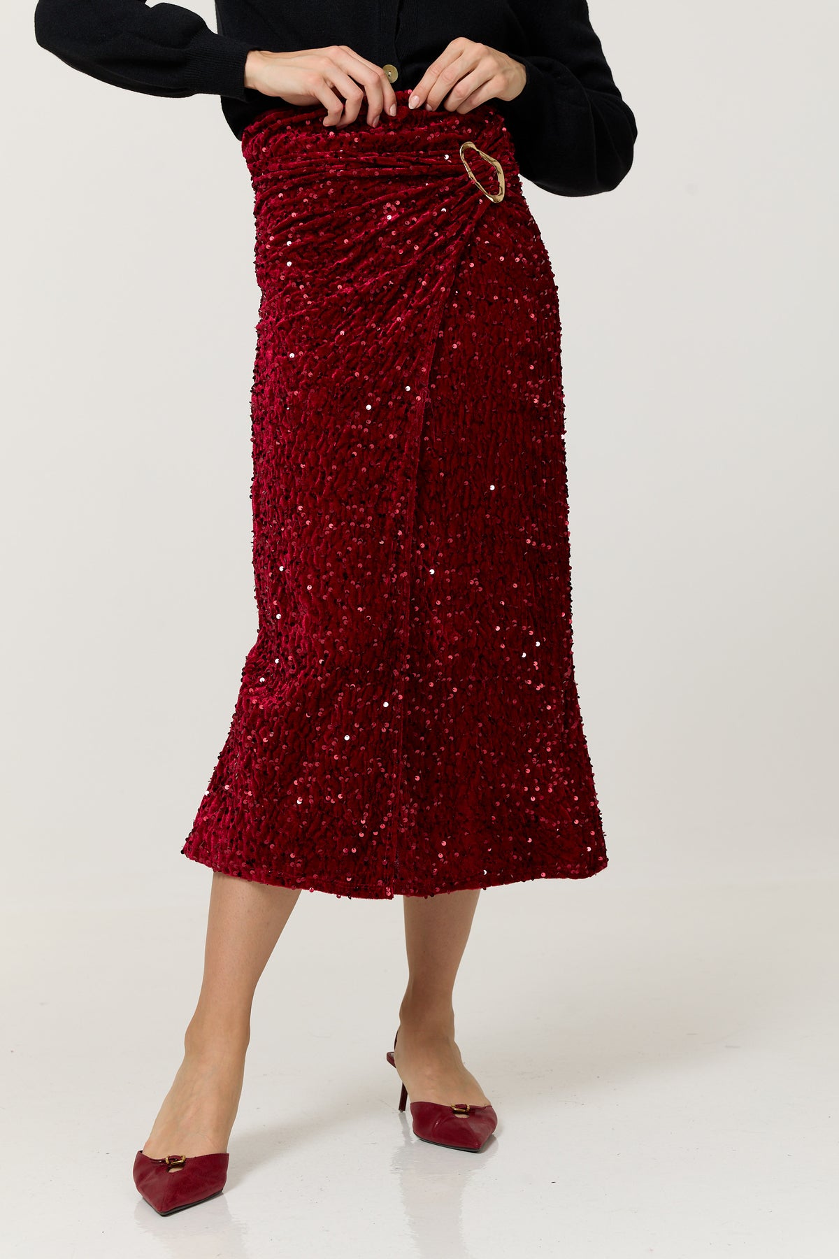 
                  
                    Red Sequin Buckle Midi Skirt
                  
                