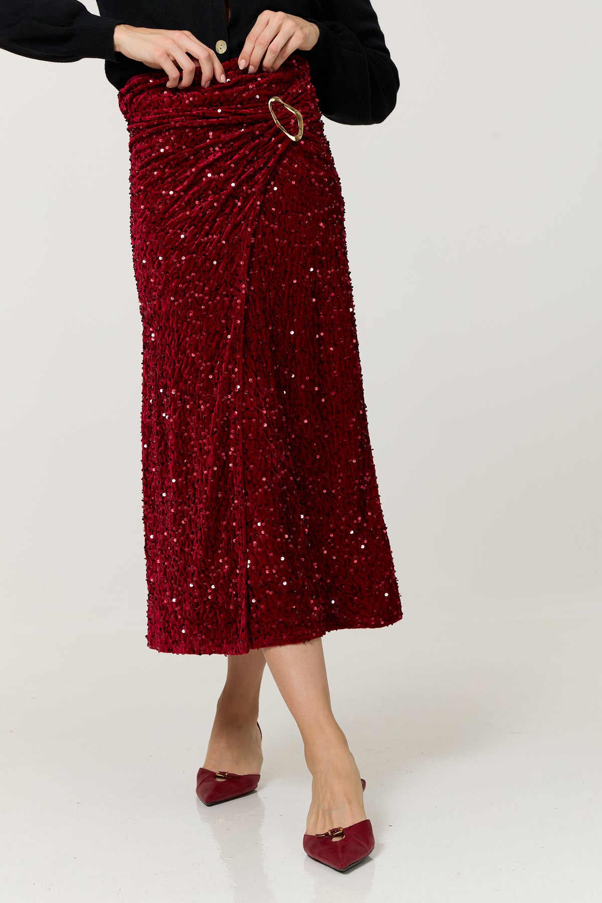 
                  
                    Red Sequin Buckle Midi Skirt
                  
                