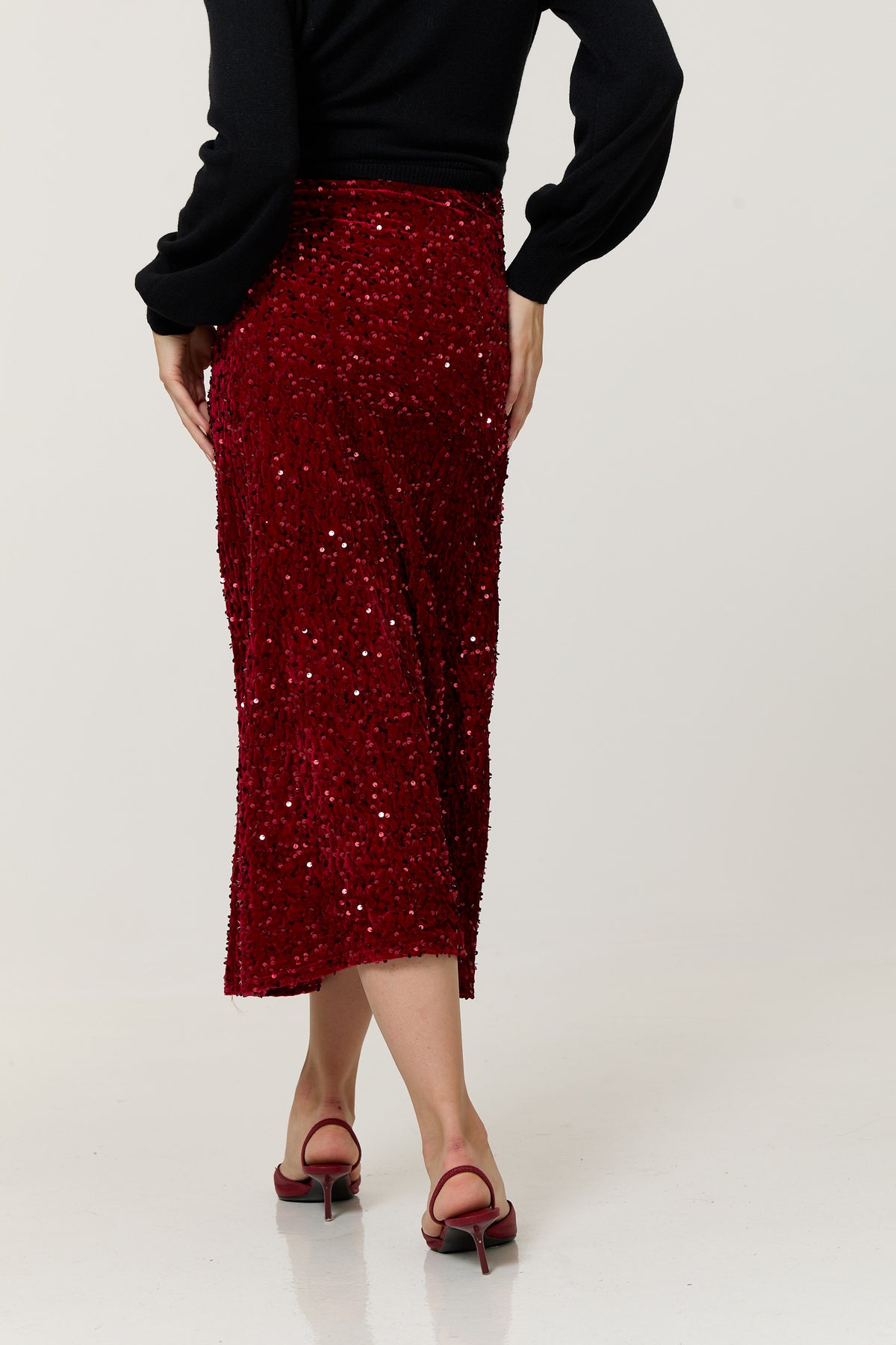 
                  
                    Red Sequin Buckle Midi Skirt
                  
                