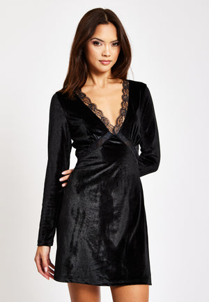 Liquorish Black Velvet Mini Dress With Lace Details