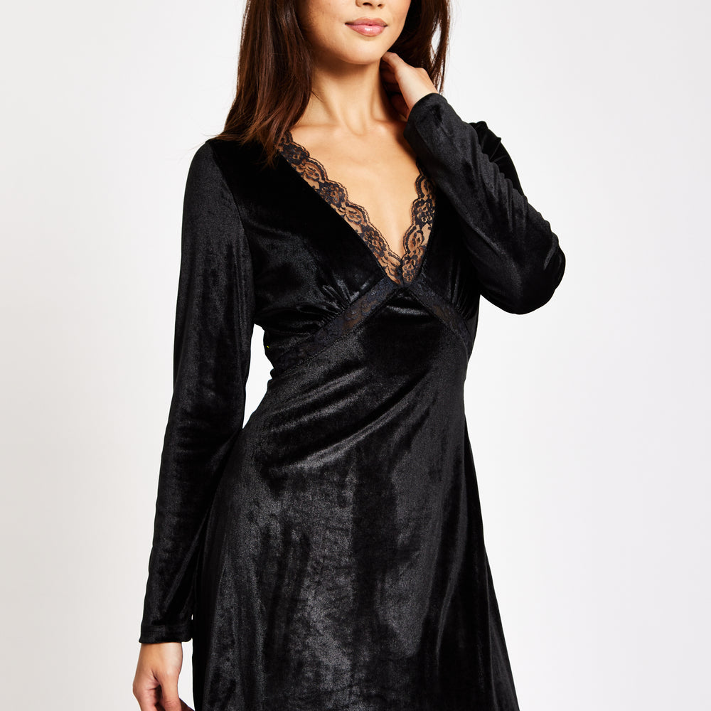 
                  
                    Liquorish Black Velvet Mini Dress With Lace Details
                  
                