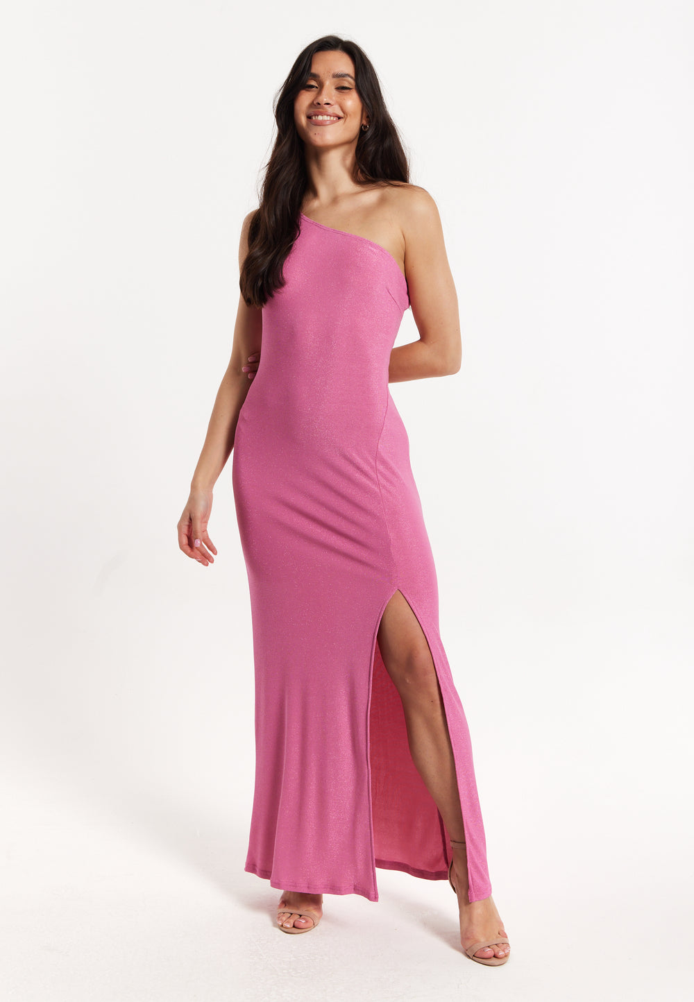 Pink Lurex One Shoulder Maxi Dress