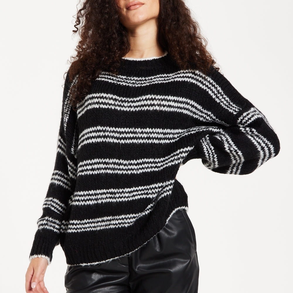 
                  
                    Women's Jumper - Oversized Black and White Striped Knit Sweater with Long Sleeves, Super Soft Comfort and Chic Style
                  
                