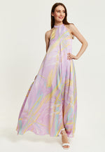 Liquorish Abstract Print Maxi Dress with a High Neck in Lilac