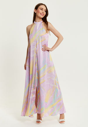 Liquorish Abstract Print Maxi Dress with a High Neck in Lilac