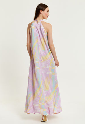 Liquorish Abstract Print Maxi Dress with a High Neck in Lilac