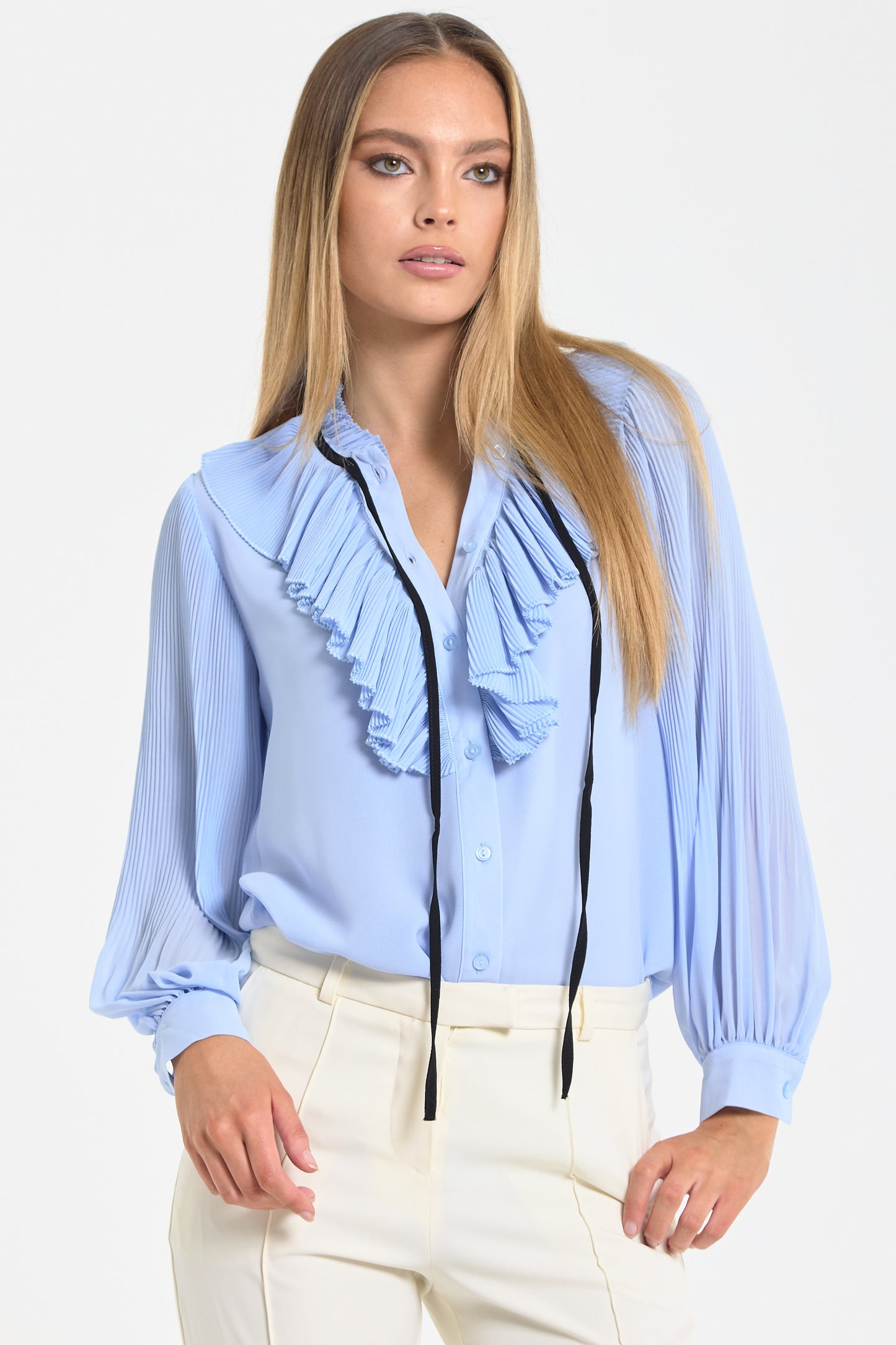 
                  
                    Blue Tie Neck Pleated Sleeve Frill Blouse
                  
                