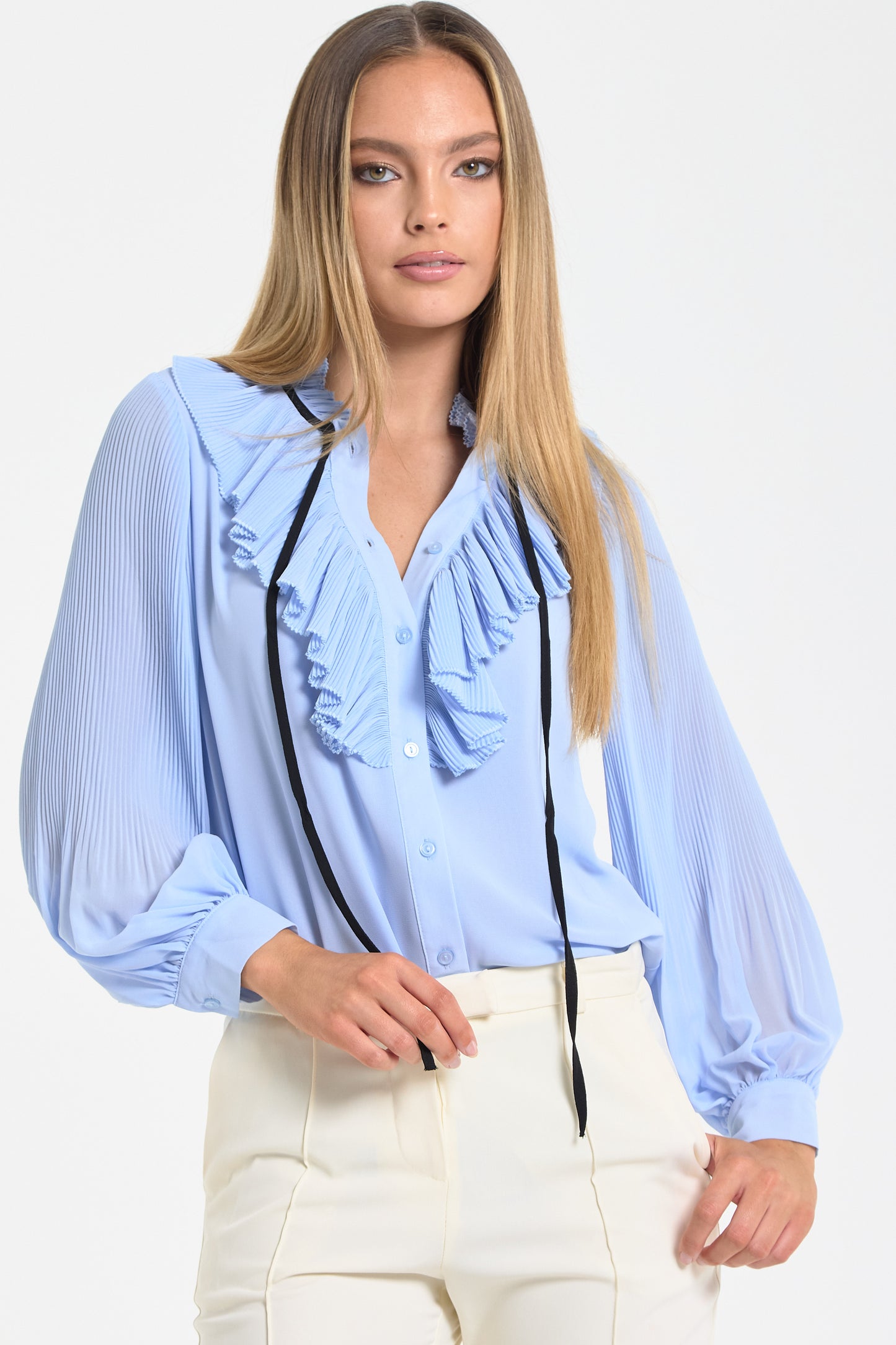 
                  
                    Blue Tie Neck Pleated Sleeve Frill Blouse
                  
                