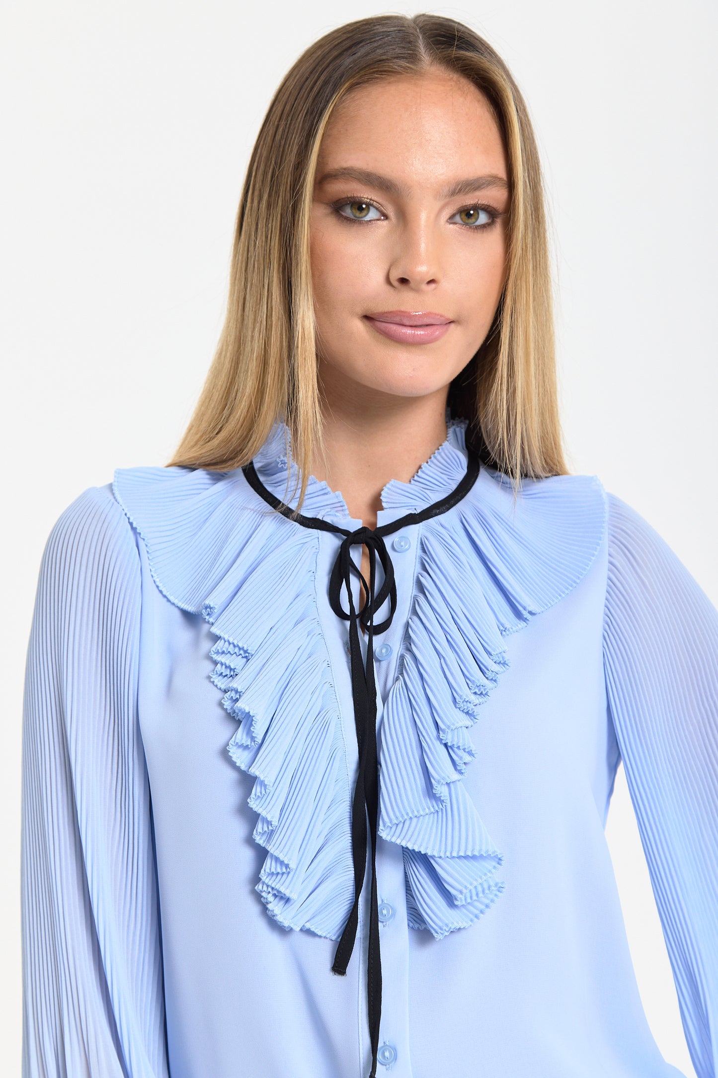 
                  
                    Blue Tie Neck Pleated Sleeve Frill Blouse
                  
                