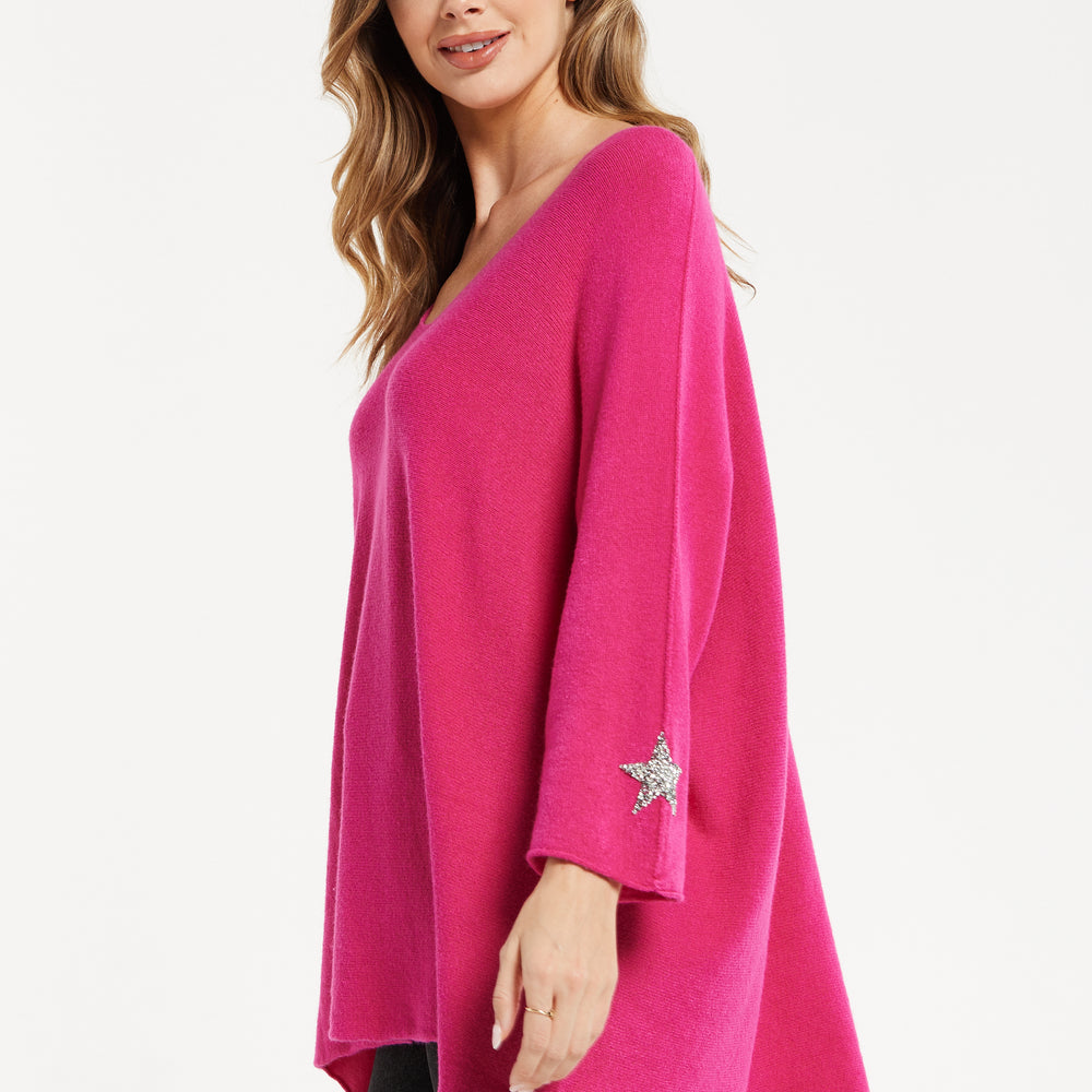 
                  
                    Liquorish Women's Jumper in Pink with V-Neck and Long Sleeves, Star Embellishments
                  
                