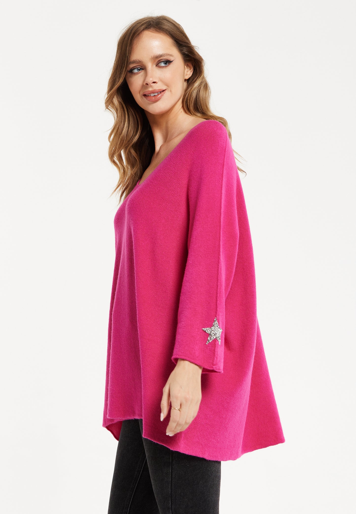 
                  
                    Liquorish Women's Jumper in Pink with V-Neck and Long Sleeves, Star Embellishments
                  
                