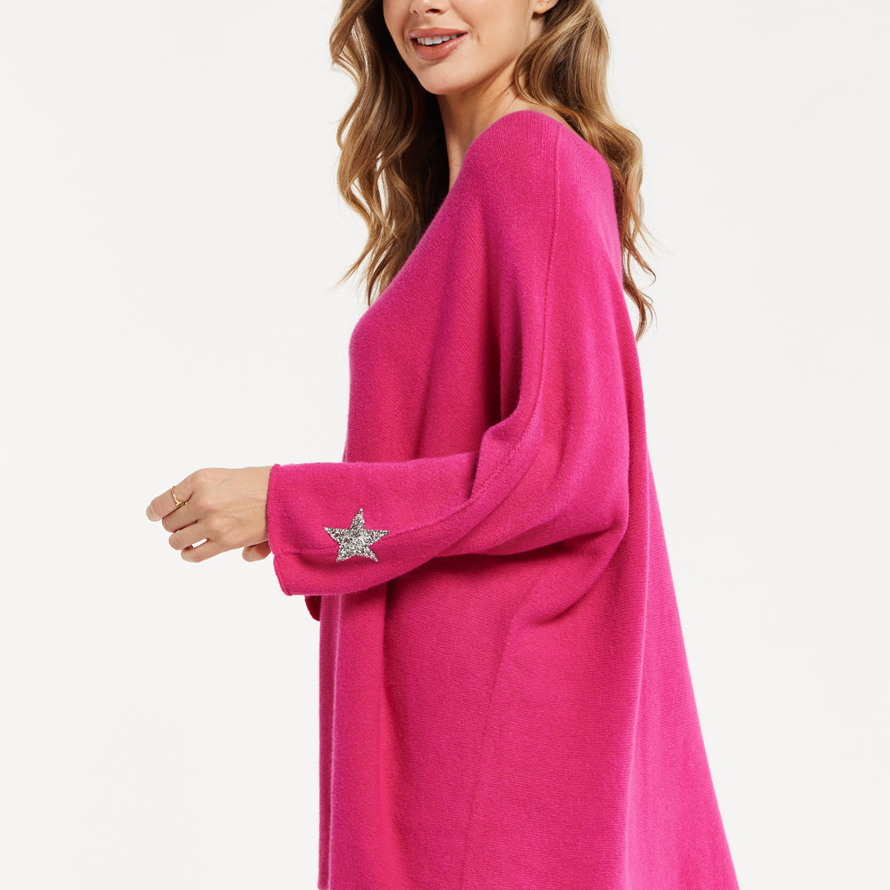 
                  
                    Liquorish Women's Jumper in Pink with V-Neck and Long Sleeves, Star Embellishments
                  
                