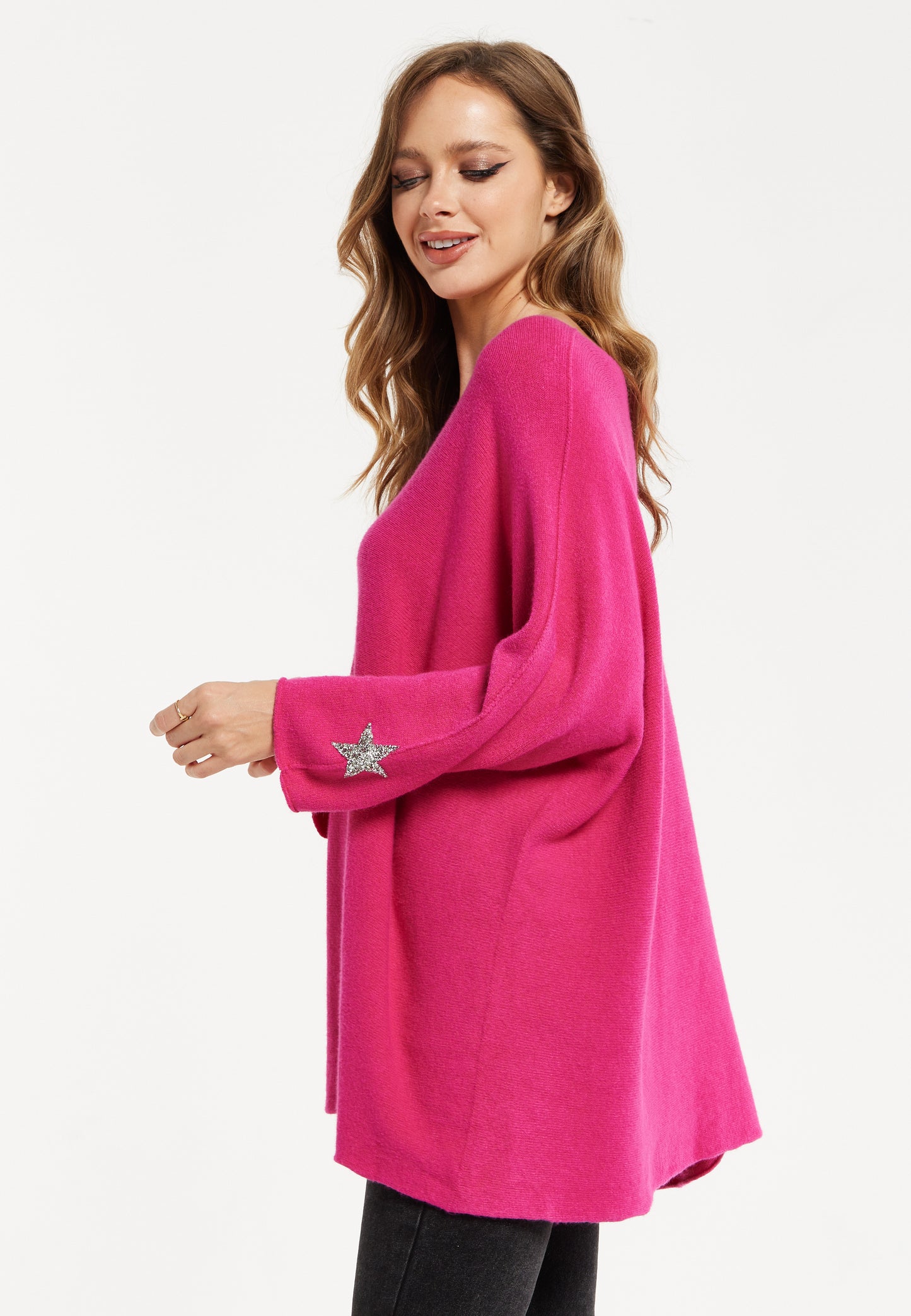 
                  
                    Liquorish Women's Jumper in Pink with V-Neck and Long Sleeves, Star Embellishments
                  
                