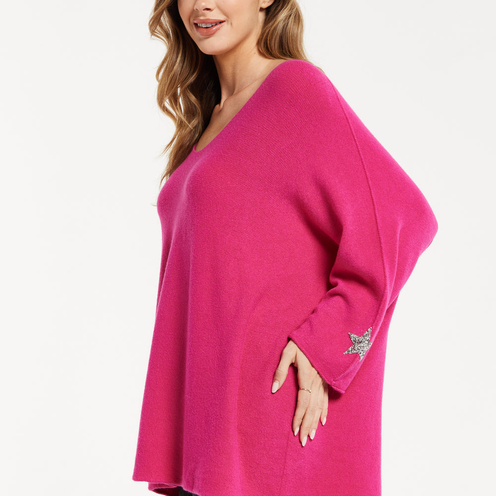 
                  
                    Liquorish Women's Jumper in Pink with V-Neck and Long Sleeves, Star Embellishments
                  
                