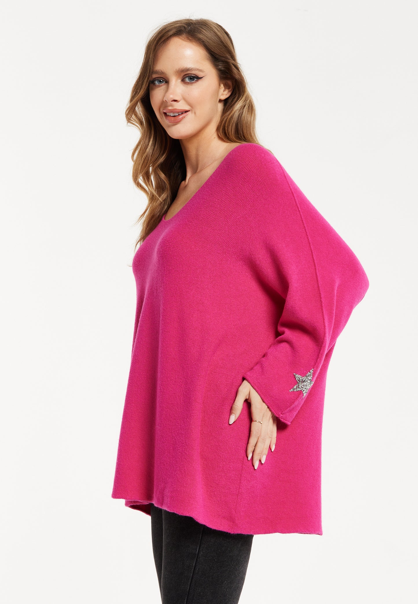 
                  
                    Liquorish Women's Jumper in Pink with V-Neck and Long Sleeves, Star Embellishments
                  
                