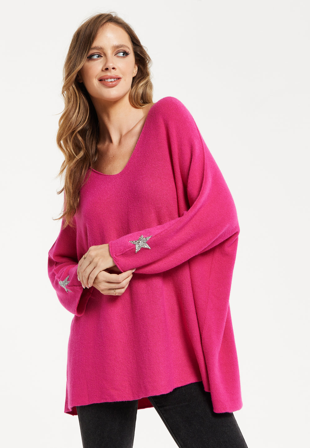 Liquorish Women's Jumper in Pink with V-Neck and Long Sleeves, Star Embellishments