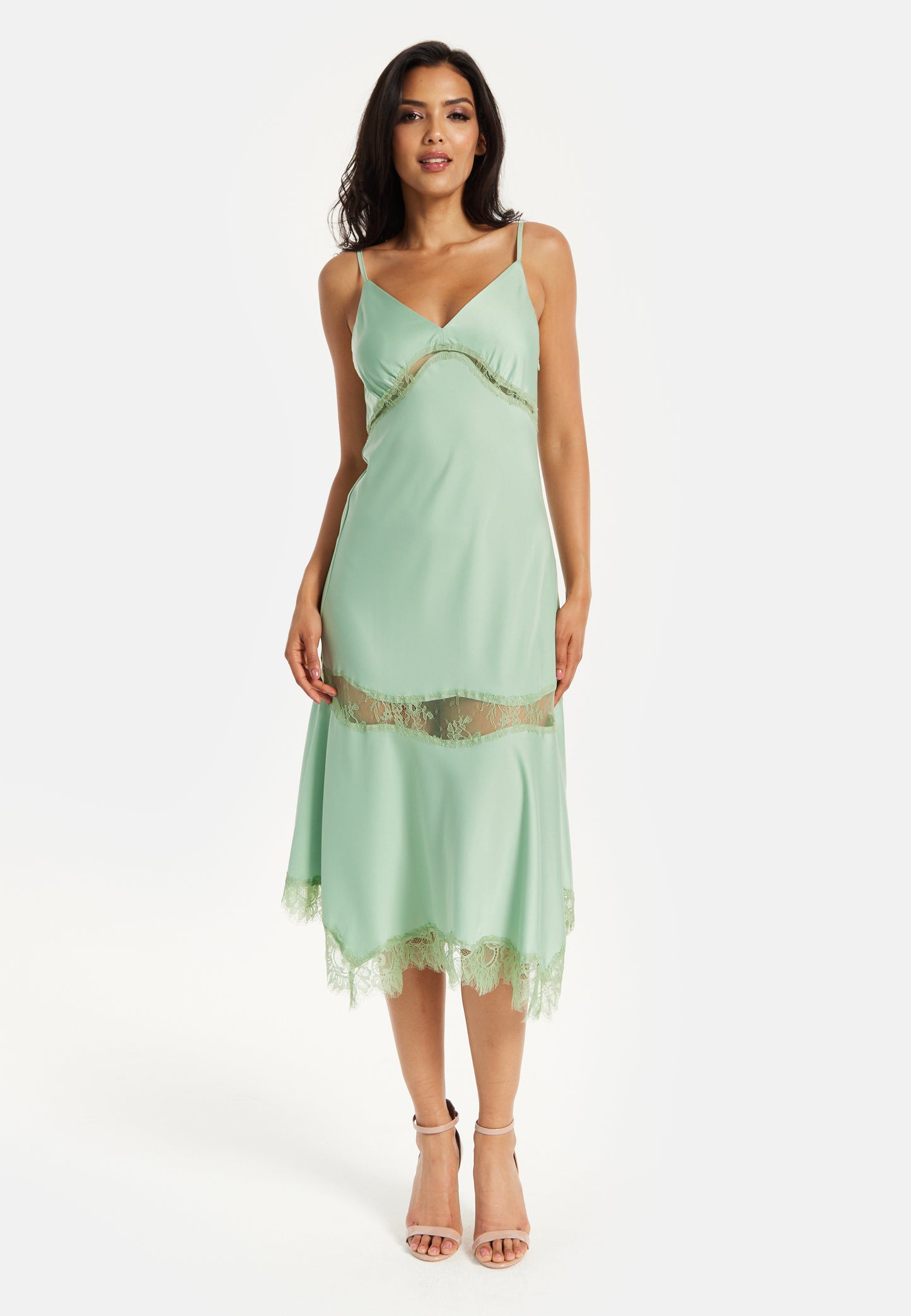 
                  
                    Liquorish Fine Lace Detail Strip Midi Dress In Sage Green
                  
                