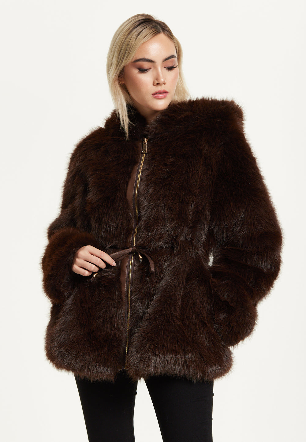 Faux Fur Hooded Coat in Brown