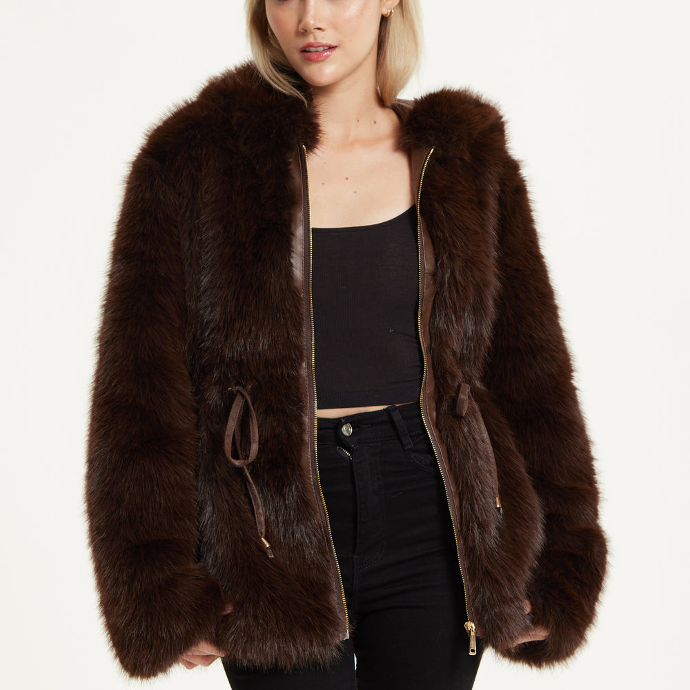 
                  
                    Faux Fur Hooded Coat in Brown
                  
                