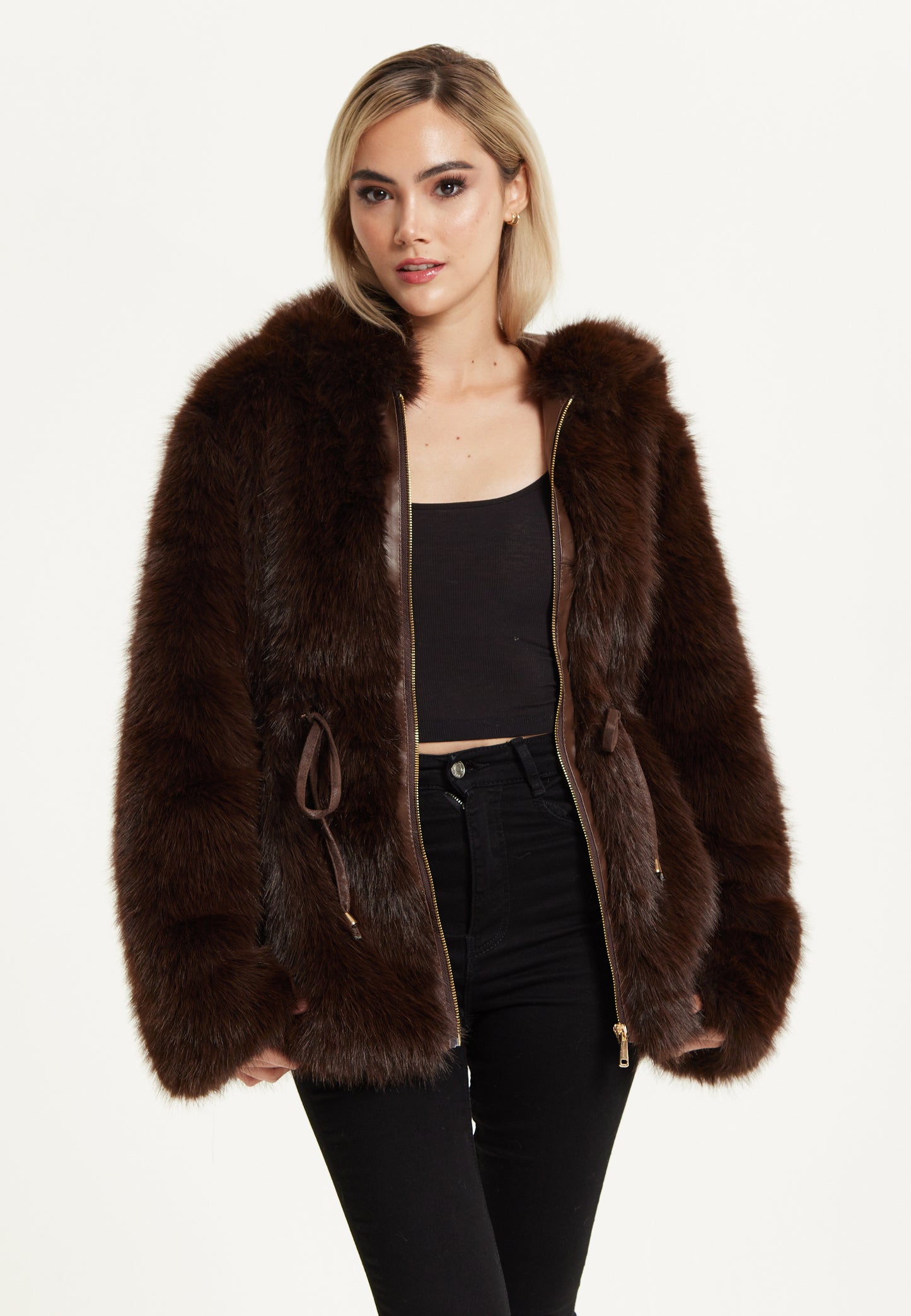 
                  
                    Faux Fur Hooded Coat in Brown
                  
                