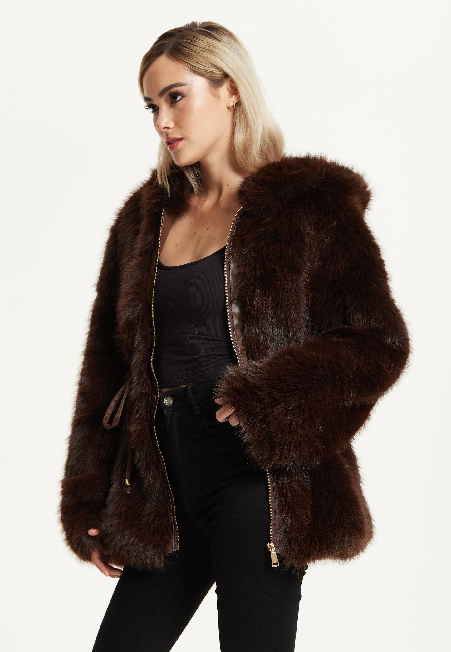 
                  
                    Faux Fur Hooded Coat in Brown
                  
                