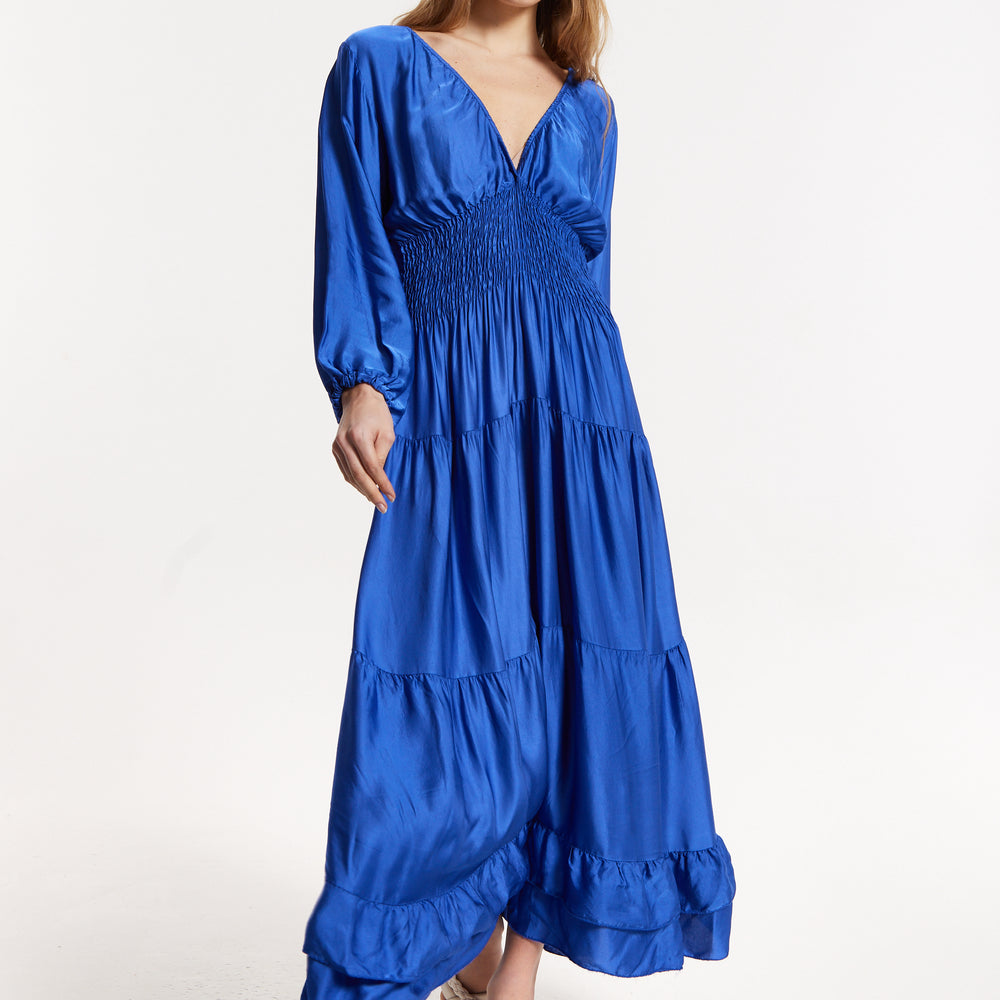 
                  
                    Blue Shirred Waist Satin Maxi Dress
                  
                