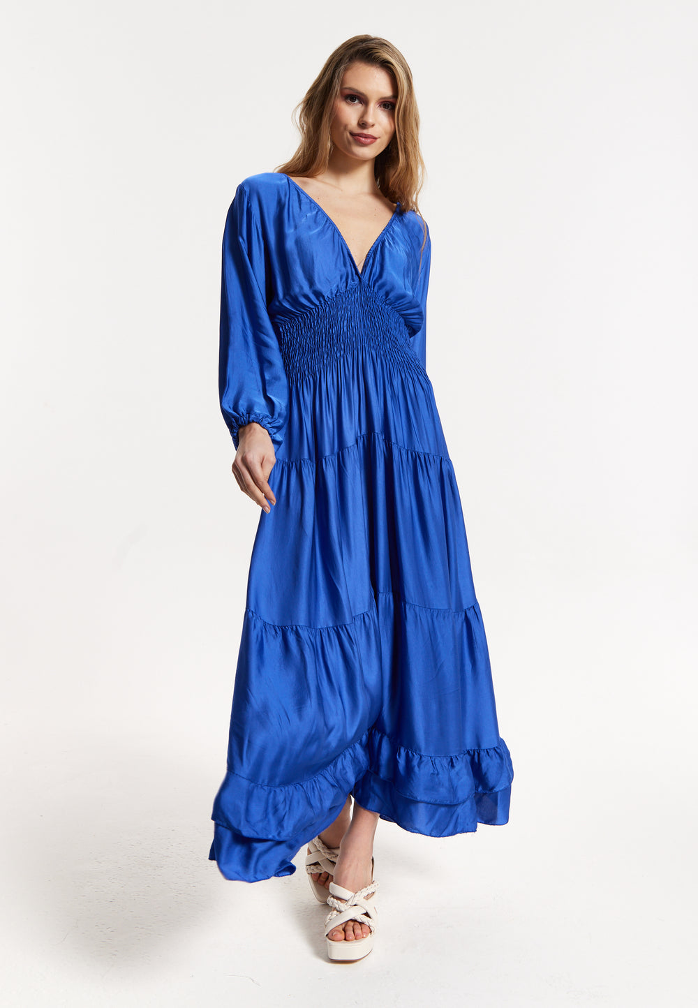 Blue Shirred Waist Satin Maxi Dress