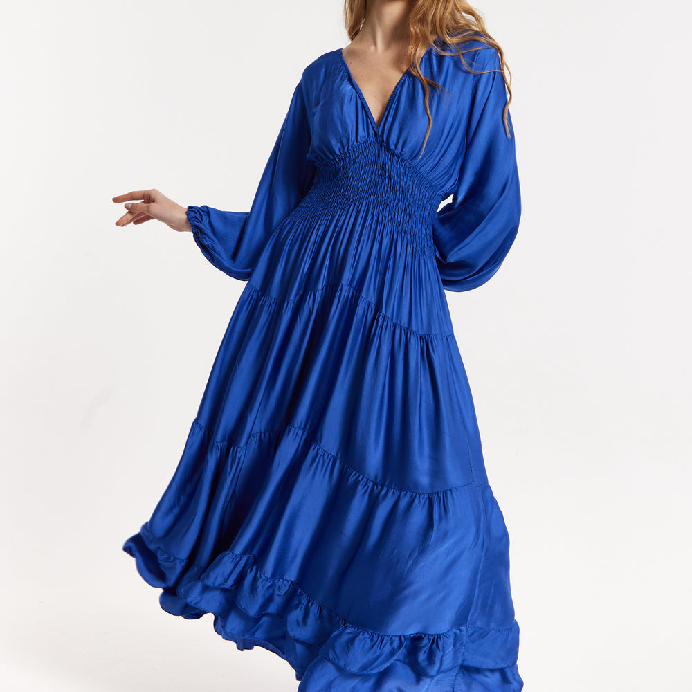 
                  
                    Blue Shirred Waist Satin Maxi Dress
                  
                