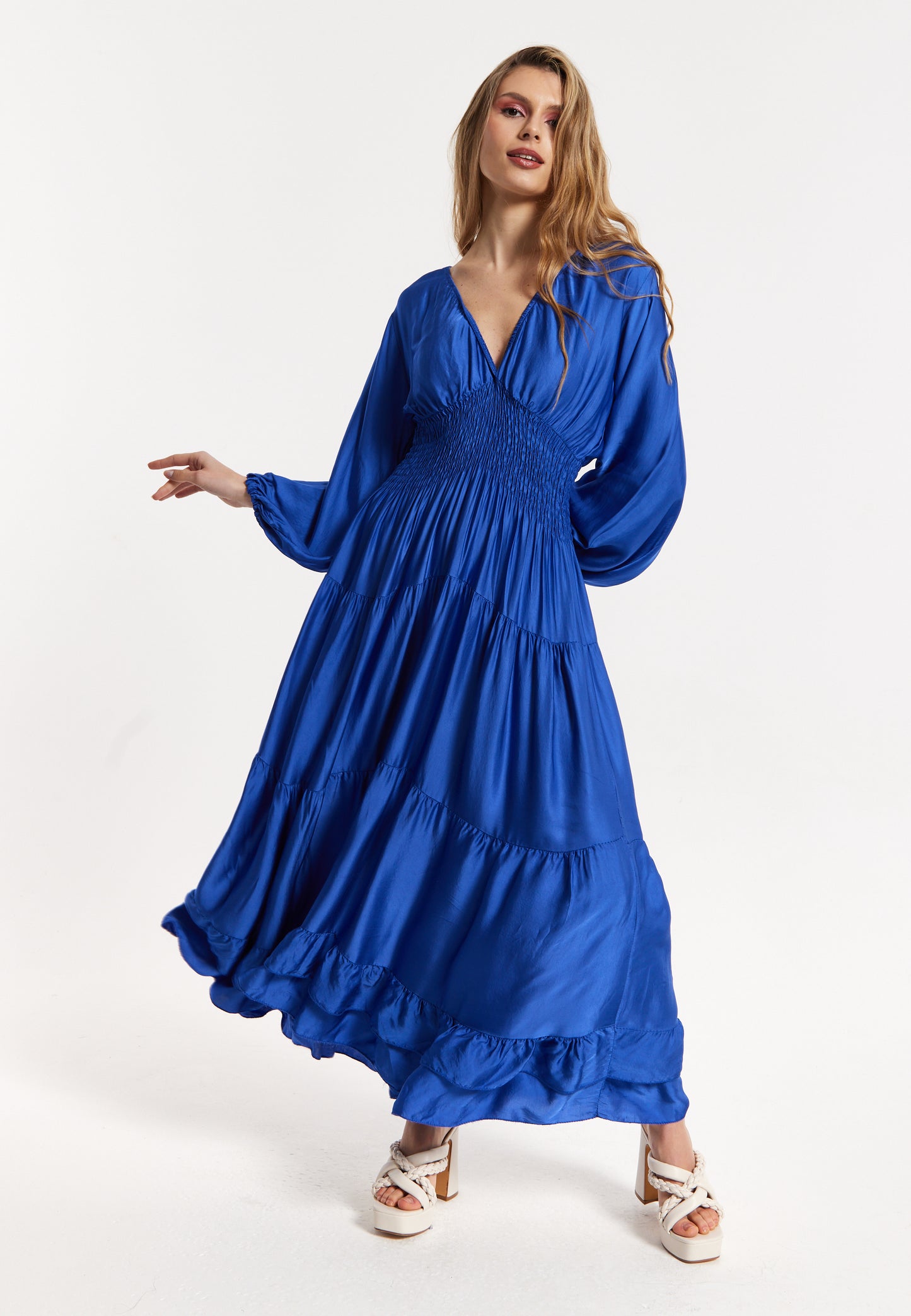 
                  
                    Blue Shirred Waist Satin Maxi Dress
                  
                