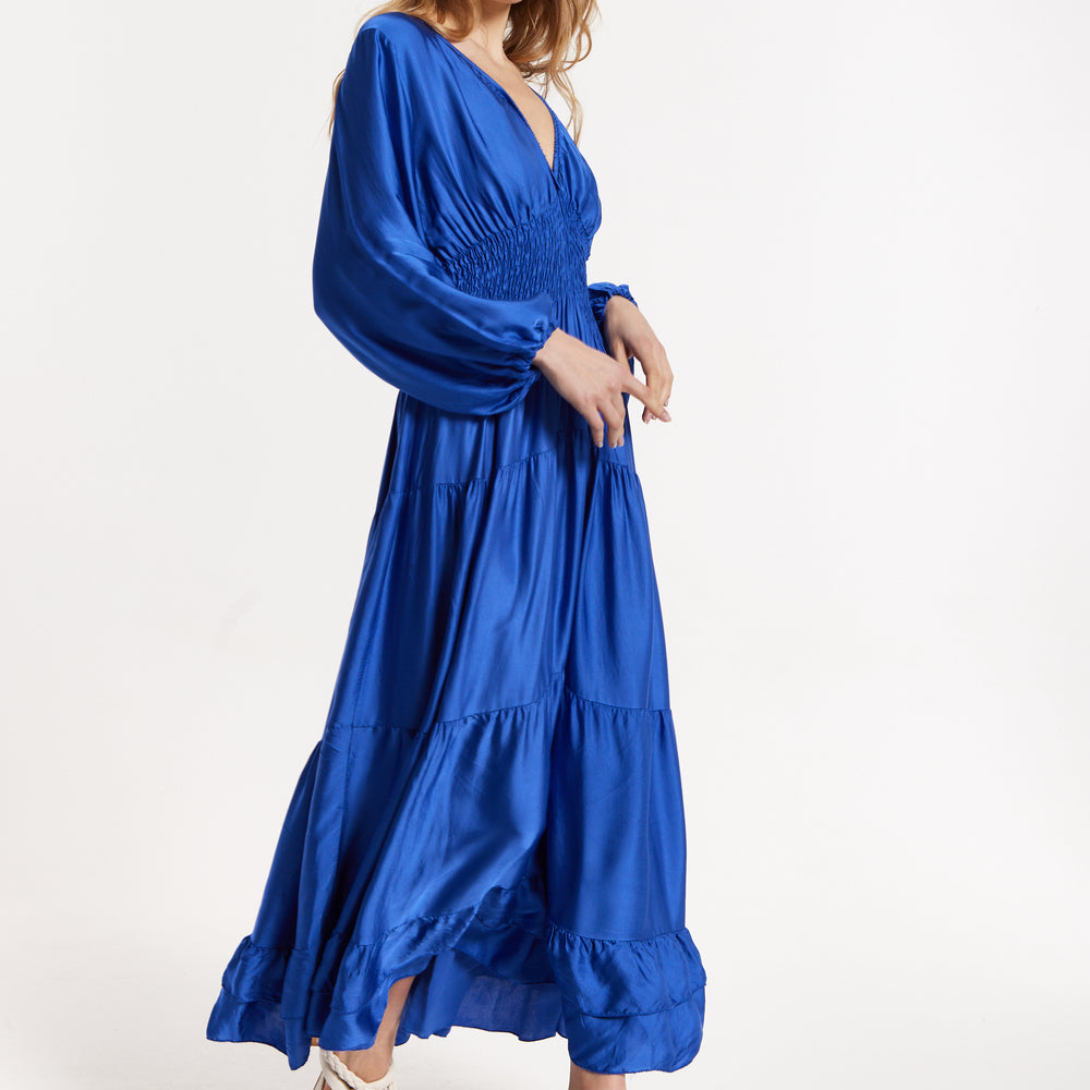 
                  
                    Blue Shirred Waist Satin Maxi Dress
                  
                