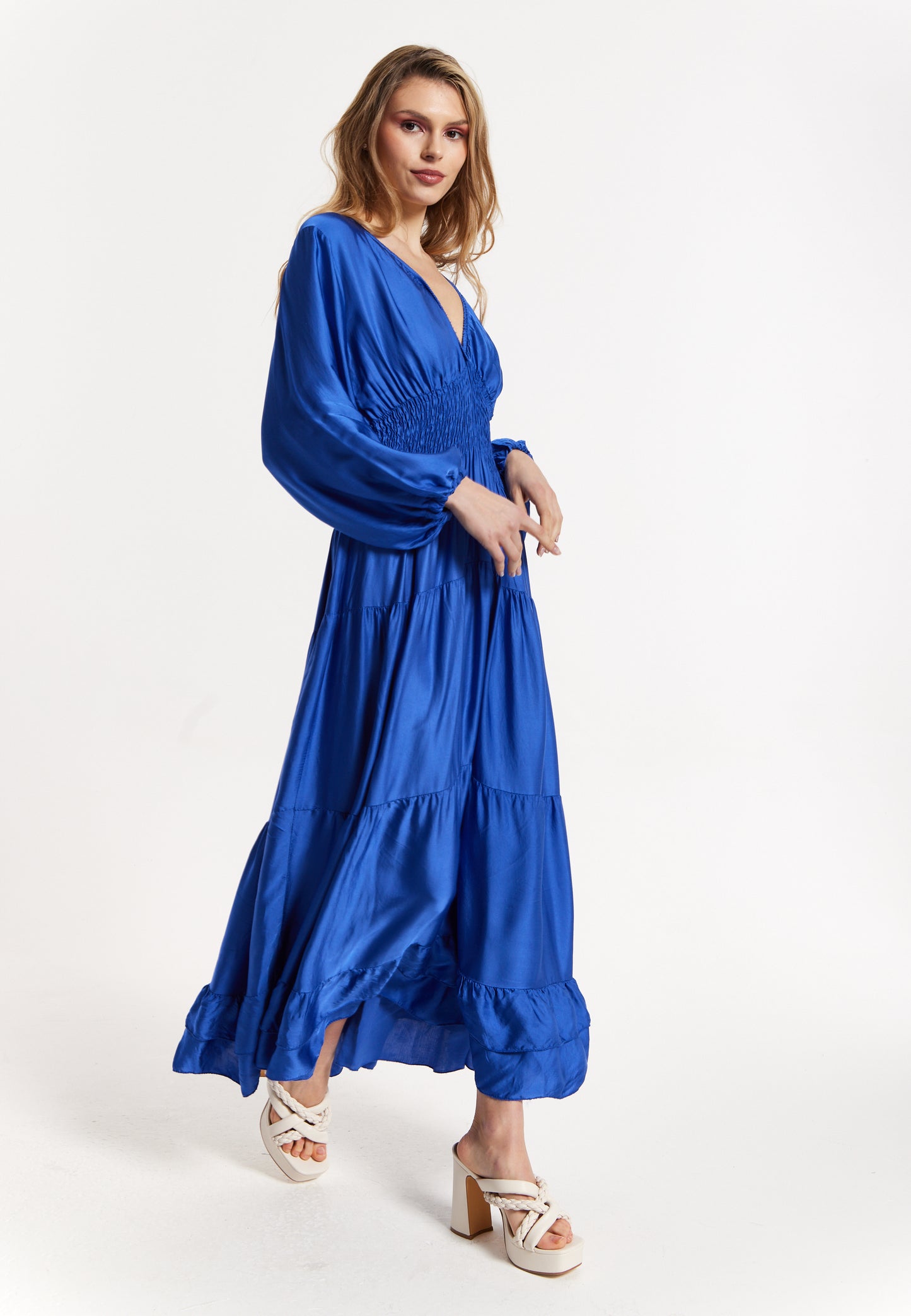 
                  
                    Blue Shirred Waist Satin Maxi Dress
                  
                