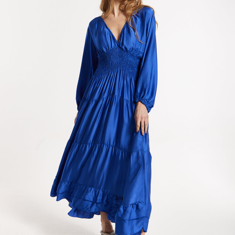 
                  
                    Blue Shirred Waist Satin Maxi Dress
                  
                