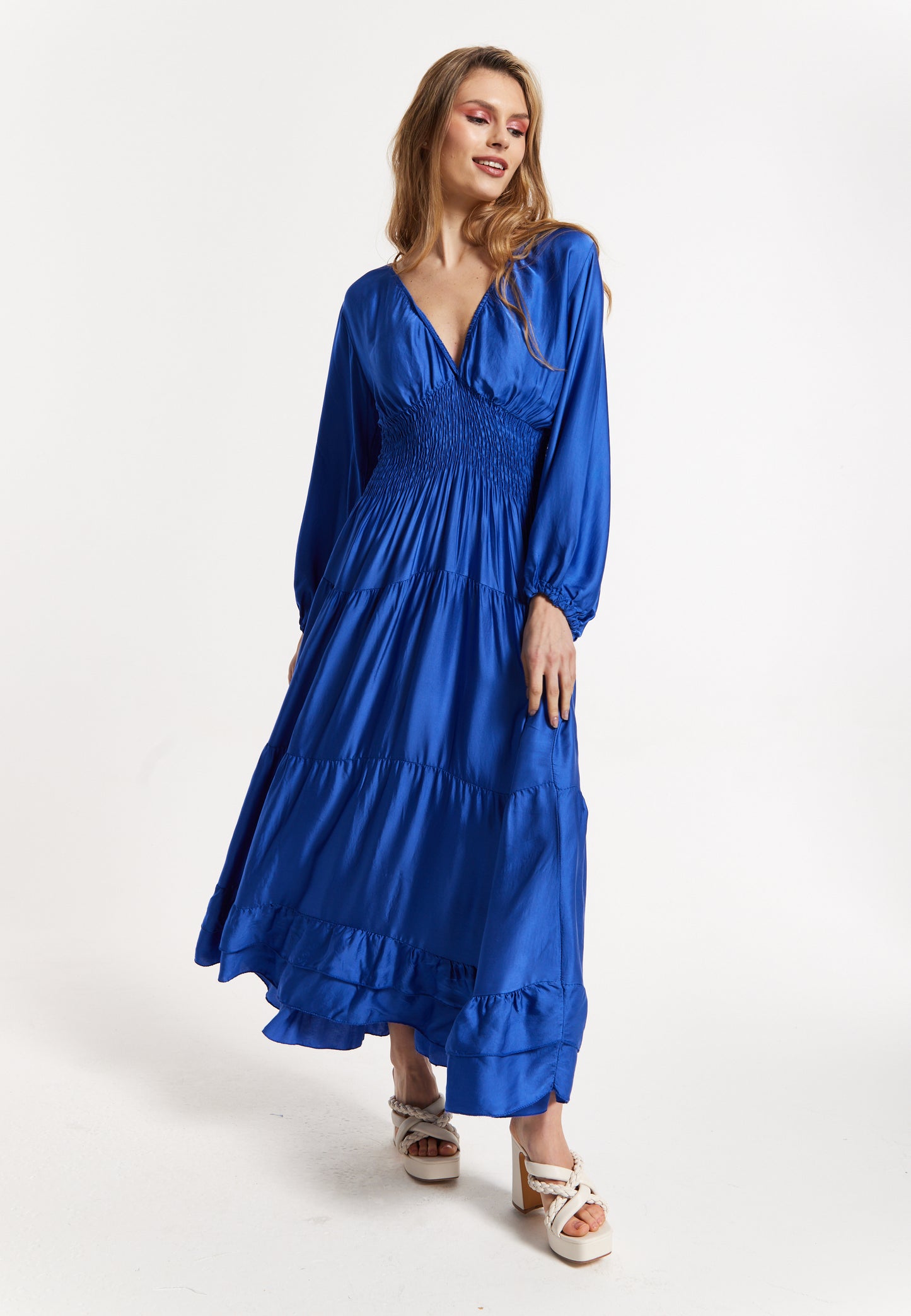 
                  
                    Blue Shirred Waist Satin Maxi Dress
                  
                