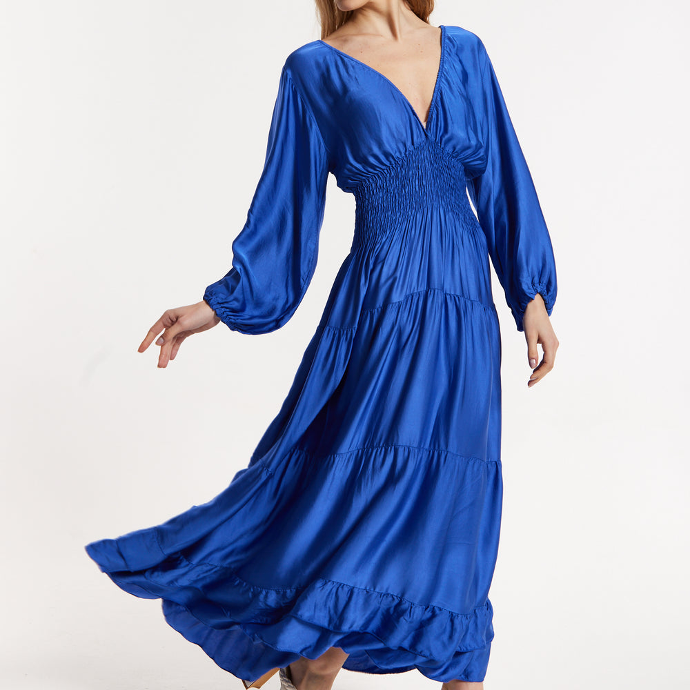 
                  
                    Blue Shirred Waist Satin Maxi Dress
                  
                