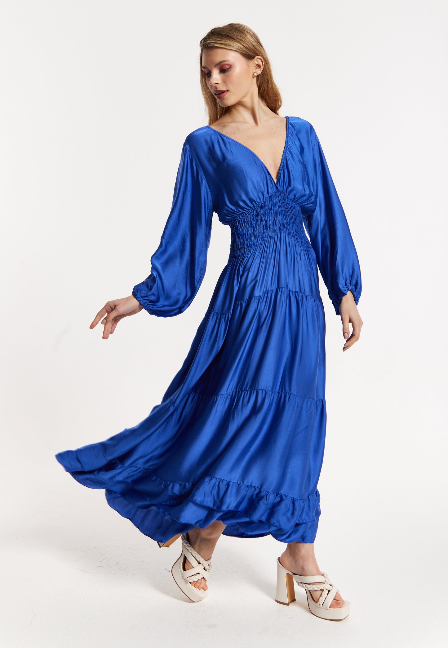 
                  
                    Blue Shirred Waist Satin Maxi Dress
                  
                