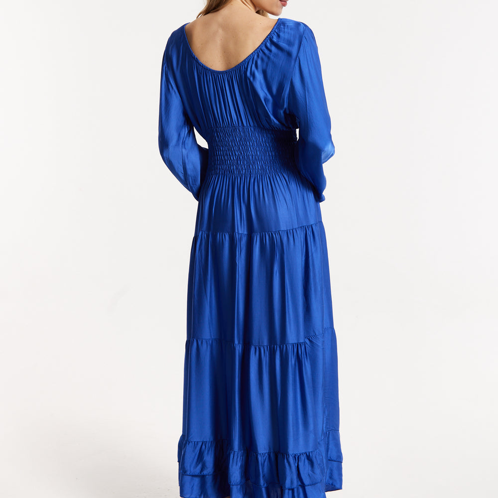 
                  
                    Blue Shirred Waist Satin Maxi Dress
                  
                