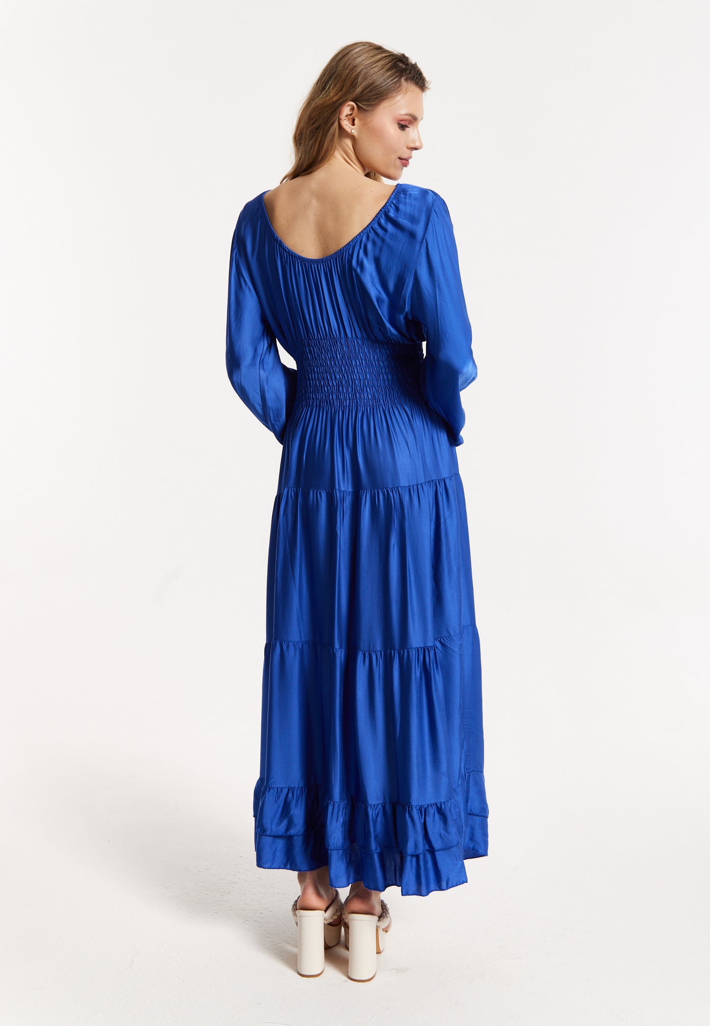 
                  
                    Blue Shirred Waist Satin Maxi Dress
                  
                