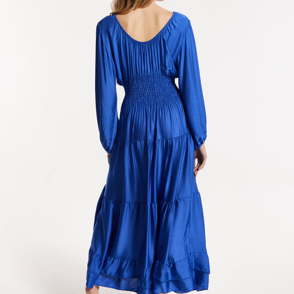 
                  
                    Blue Shirred Waist Satin Maxi Dress
                  
                