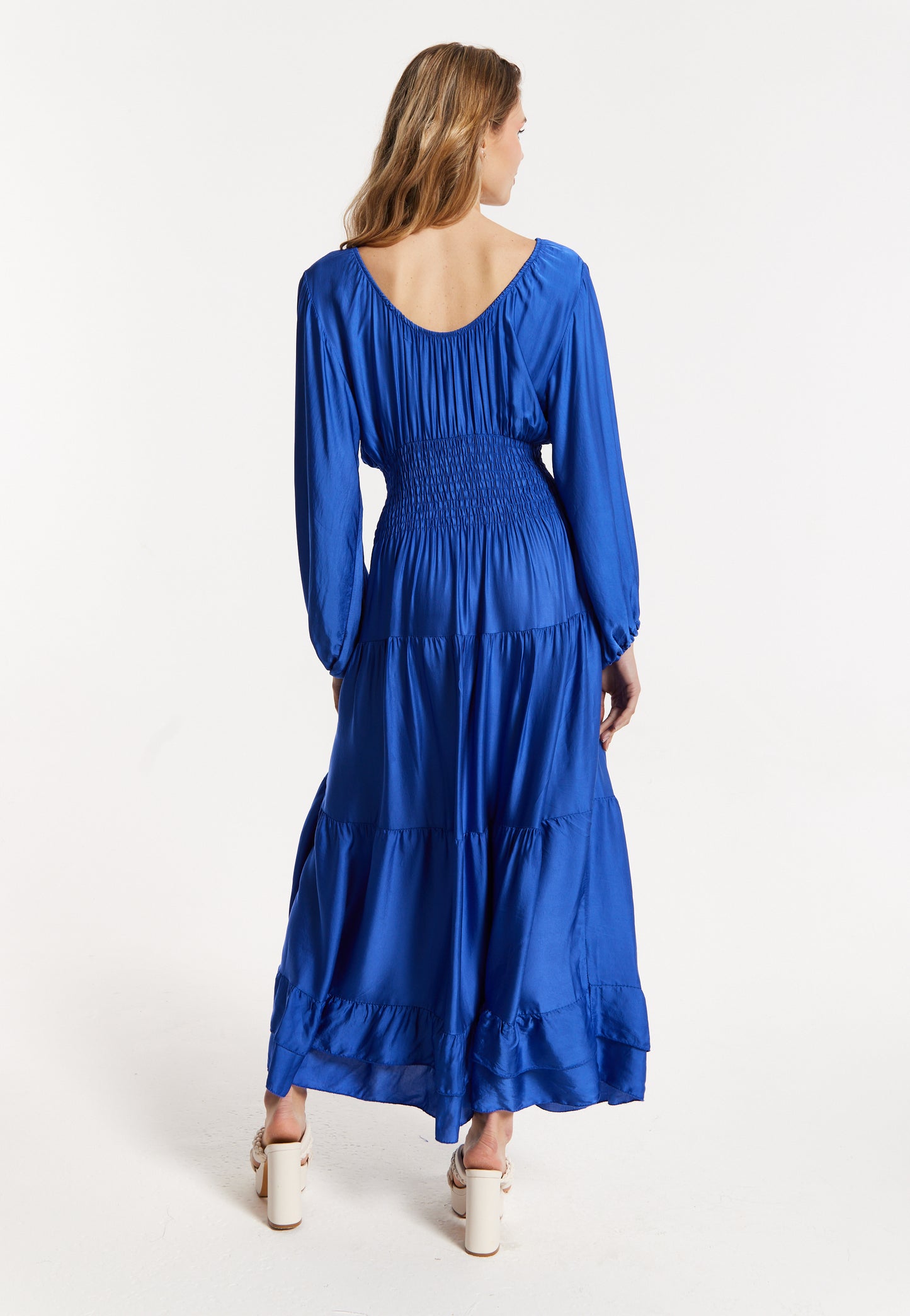 
                  
                    Blue Shirred Waist Satin Maxi Dress
                  
                