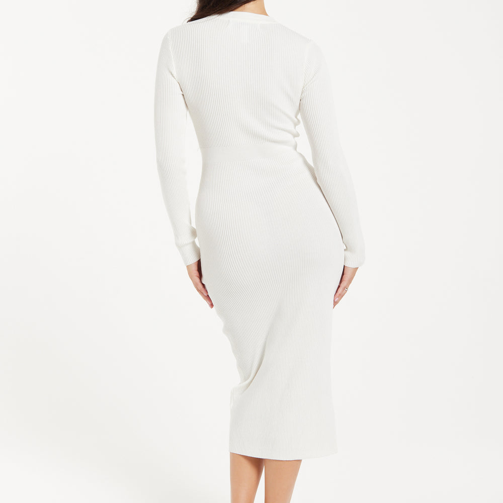 
                  
                    Women’s Midi Dress with Long Sleeves in White - Cut Out Front Ribbed Knit Design by Liquorish
                  
                