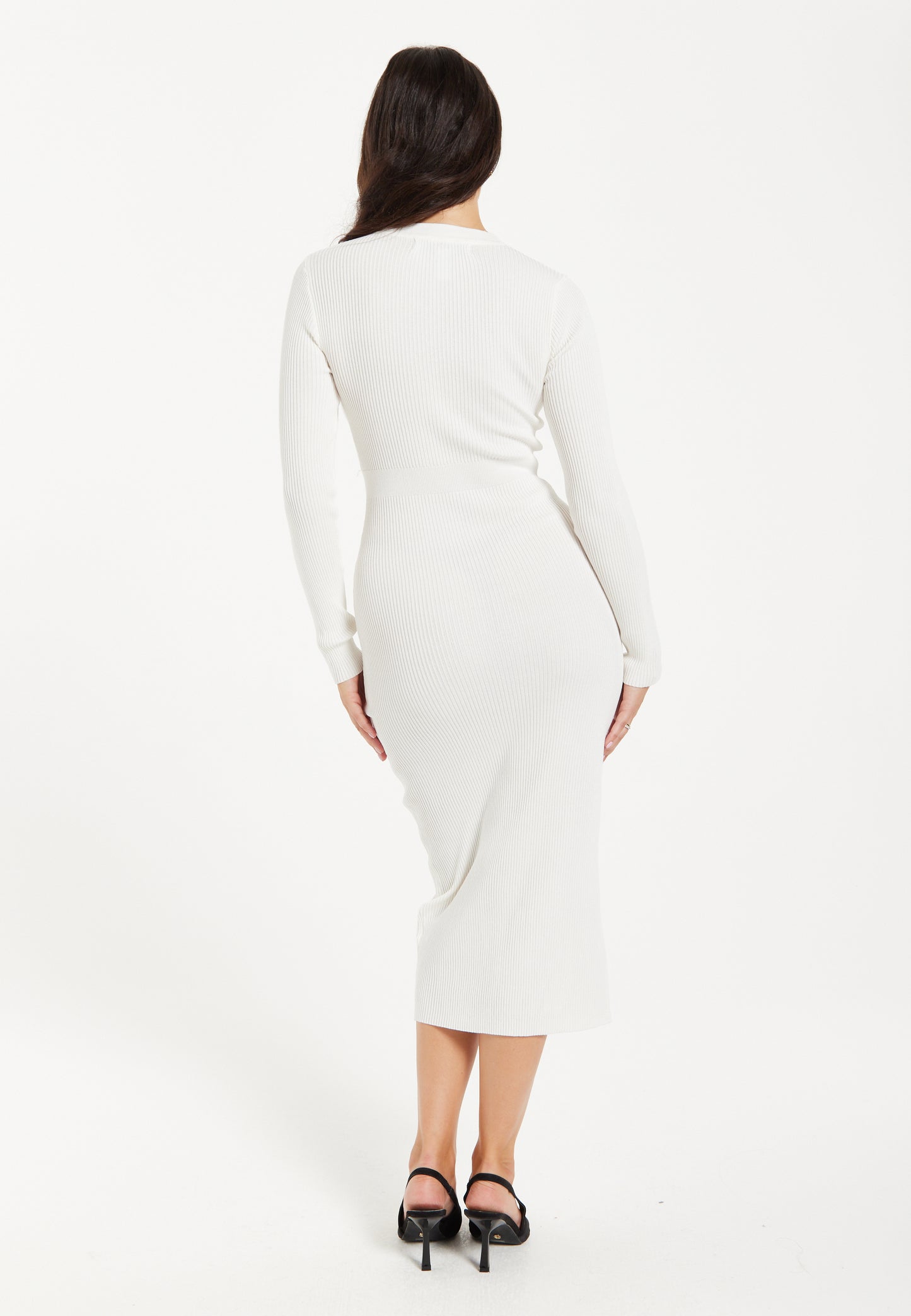 
                  
                    Women’s Midi Dress with Long Sleeves in White - Cut Out Front Ribbed Knit Design by Liquorish
                  
                