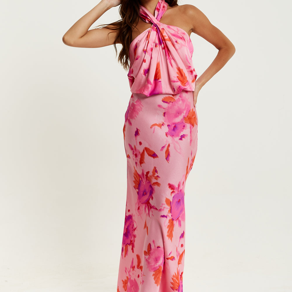 
                  
                    Liquorish Halter Maxi Floral Print Dress In Pink
                  
                