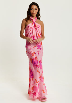Liquorish Halter Maxi Floral Print Dress In Pink